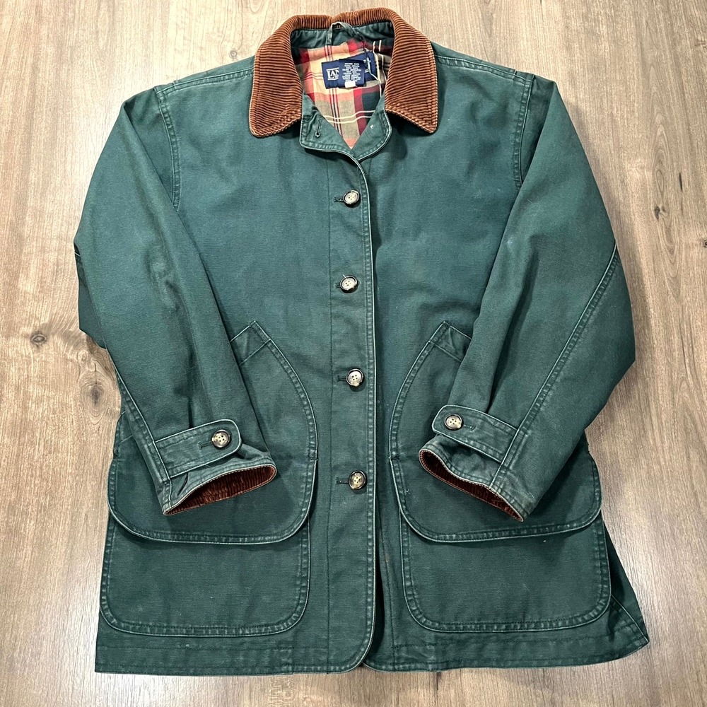 Lands End Barn Jacket Chore Coat Green Corduroy Plaid Utility Small 6-8